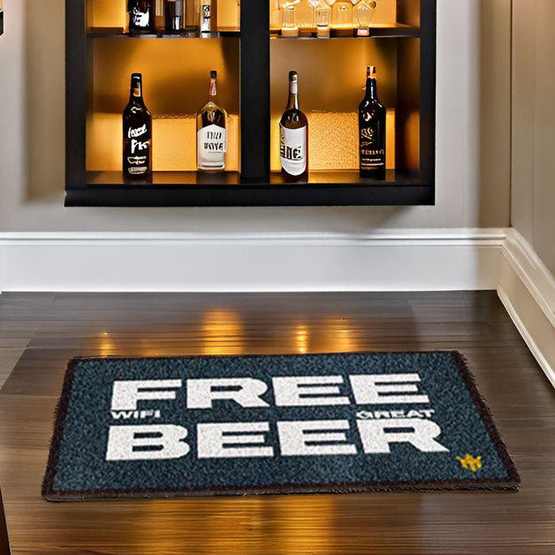 Matsmiths Free Wifi Great Beer Washable Indoor Mat with Rubber Backing, Large Funny Door Mat for Bars, Restaurants, Man Caves, Non-Slip Area Rug and Mat, Washable Entryway Rug, Pet Friendly, Dark Blue, White Lettering, 28” x 20”
