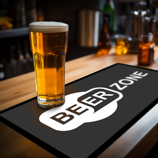 Matsmiths Beer Zone Washable Bar Runner with Rubber Backing, Indoor Mat for Bars, Countertops, Tables, Man Caves, Non-Slip Bar Mat, Washable Bar Runner, Black and White, 9” x 16”
