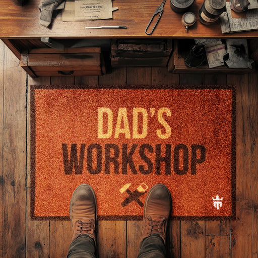 Matsmiths Dad’s Workshop Washable Indoor Mat with Rubber Backing, Large Funny Door Mat for Entryway, Workshops, Man Caves, Bars, Non-Slip Area Rug and Mat, Washable Entryway Rug, Pet Friendly, Kid Friendly, Brown, 28” x 20”
