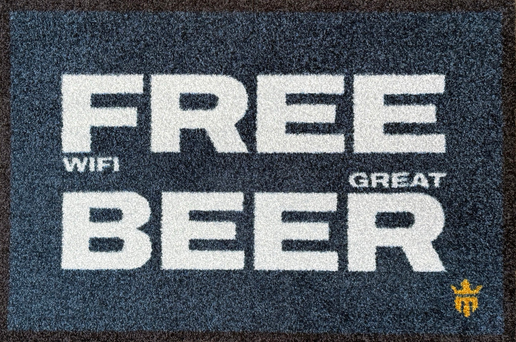 Matsmiths Free Wifi Great Beer Washable Indoor Mat with Rubber Backing, Large Funny Door Mat for Bars, Restaurants, Man Caves, Non-Slip Area Rug and Mat, Washable Entryway Rug, Pet Friendly, Dark Blue, White Lettering, 28” x 20”
