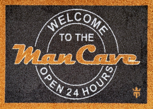 Matsmiths Man Cave Welcome Mat, Washable Indoor Mat with Rubber Backing, Large Funny Door Mat for Bars, Man Caves, Basements, Non-Slip Area Rug and Mat, Washable Entryway Rug, Pet Friendly, Black, Gold and White, 28” x 19”