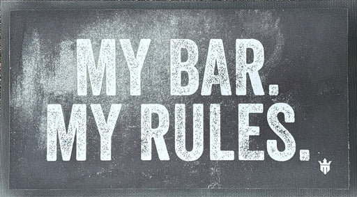 Matsmiths My Bar My Rules Washable Bar Runner with Rubber Backing, Indoor Mat for Bars, Countertops, Tables, Man Caves, Funny Non-Slip Bar Mat, Washable Bar Runner, Black, 9” x 16”