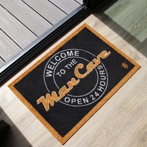 Matsmiths Man Cave Welcome Mat, Washable Indoor Mat with Rubber Backing, Large Funny Door Mat for Bars, Man Caves, Basements, Non-Slip Area Rug and Mat, Washable Entryway Rug, Pet Friendly, Black, Gold and White, 28” x 19”
