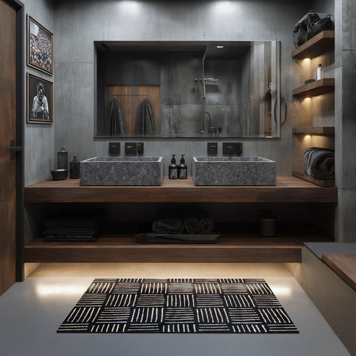 Modern bathroom with double sink vanity and patterned rug on floor