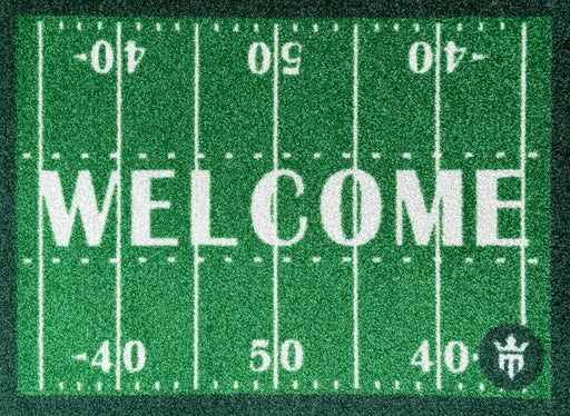 Matsmiths Welcome Field Washable Indoor Mat with Rubber Backing, Large Funny Door Mat for Entryways, Man Caves, Bar Areas, Basements, Non-Slip Area Rug and Mat, Washable Entryway Rug, Pet Friendly, Green Football Field Design, 28” x 20”