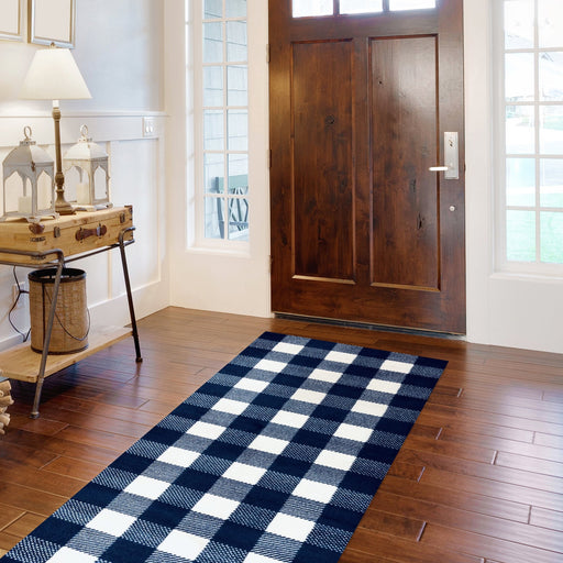 Matsmiths Patchwork Navy Floor Mats Washable Indoor Mat with Rubber Backing, Large Door Mat for Entryway, Workshops, Man Caves, Bars, Non-Slip Area Rug and Mat, Washable Entryway Rug, Pet Friendly, Kid Friendly, Navy, White, 27.5"x75"