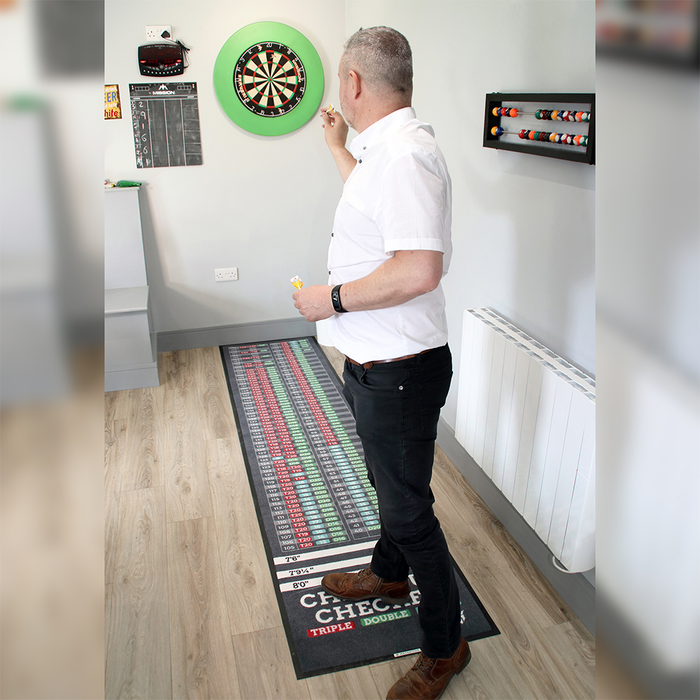 Dartboard Checkout Checker Mat in use man