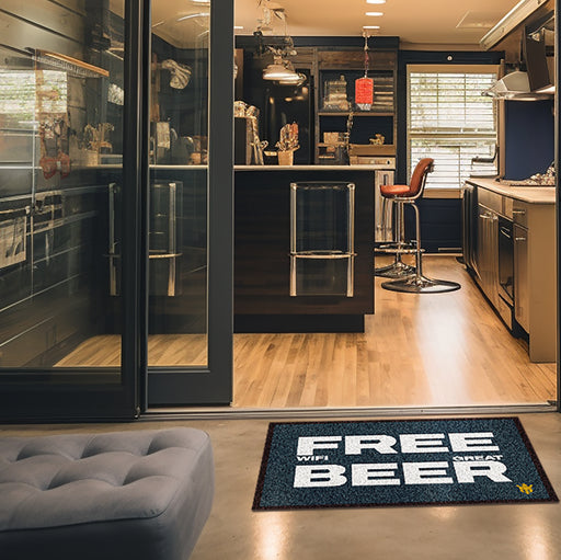 Matsmiths Free Wifi Great Beer Washable Indoor Mat with Rubber Backing, Large Funny Door Mat for Bars, Restaurants, Man Caves, Non-Slip Area Rug and Mat, Washable Entryway Rug, Pet Friendly, Dark Blue, White Lettering, 28” x 20”