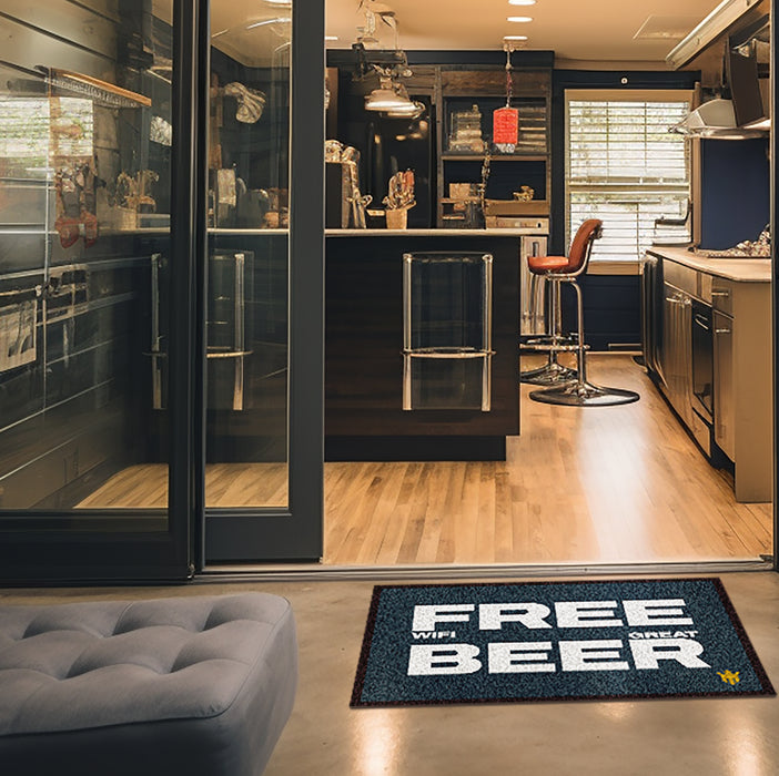 Matsmiths Free Wifi Great Beer Washable Indoor Mat with Rubber Backing, Large Funny Door Mat for Bars, Restaurants, Man Caves, Non-Slip Area Rug and Mat, Washable Entryway Rug, Pet Friendly, Dark Blue, White Lettering, 28” x 20”