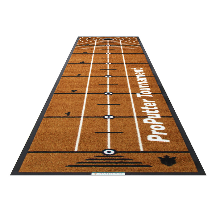 Matsmiths Bronze Golf Putting Mat ProPutter, Washable Indoor/Outdoor Practice Mat with Simulated Putting Green Surface, Measured Segments for Precision Putting, Non-Slip Backing, Durable Nylon Carpet, Medium Pace, Brown, 19” x 94”