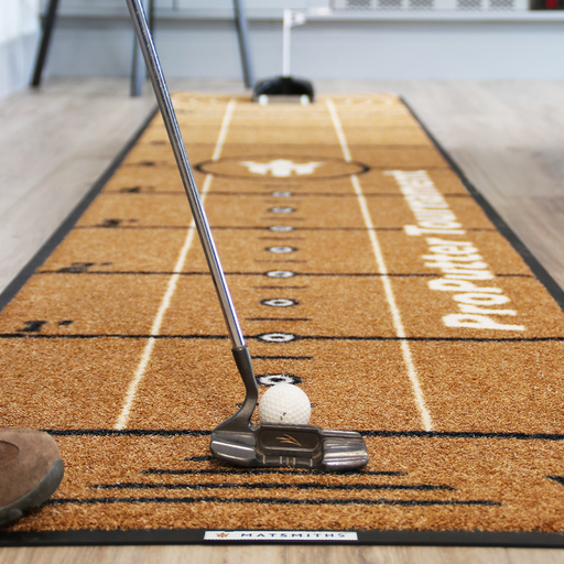 Matsmiths Bronze Golf Putting Mat ProPutter, Washable Indoor/Outdoor Practice Mat with Simulated Putting Green Surface, Measured Segments for Precision Putting, Non-Slip Backing, Durable Nylon Carpet, Medium Pace, Brown, 19” x 94”