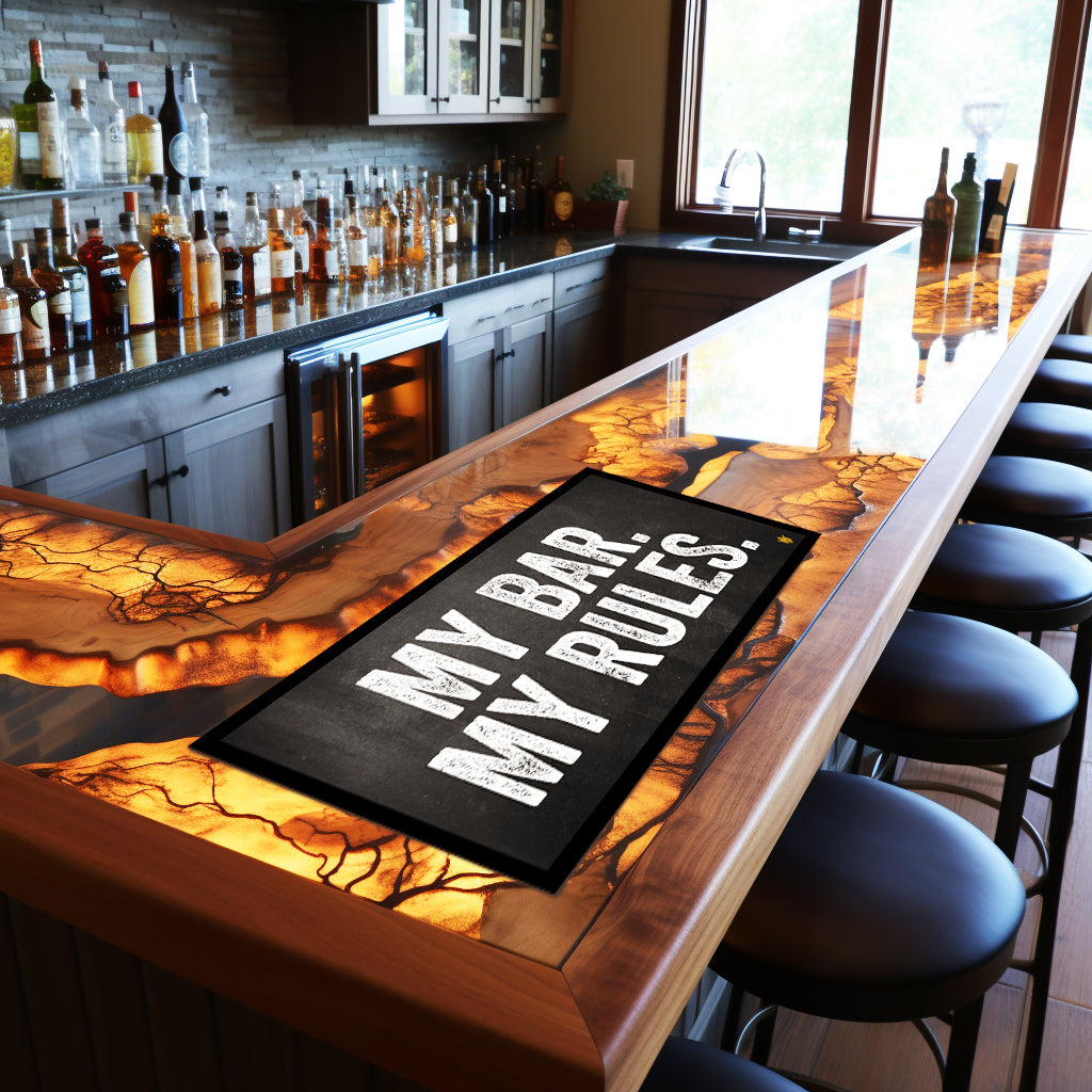 Matsmiths My Bar My Rules Washable Bar Runner with Rubber Backing, Indoor Mat for Bars, Countertops, Tables, Man Caves, Funny Non-Slip Bar Mat, Washable Bar Runner, Black, 9” x 16”