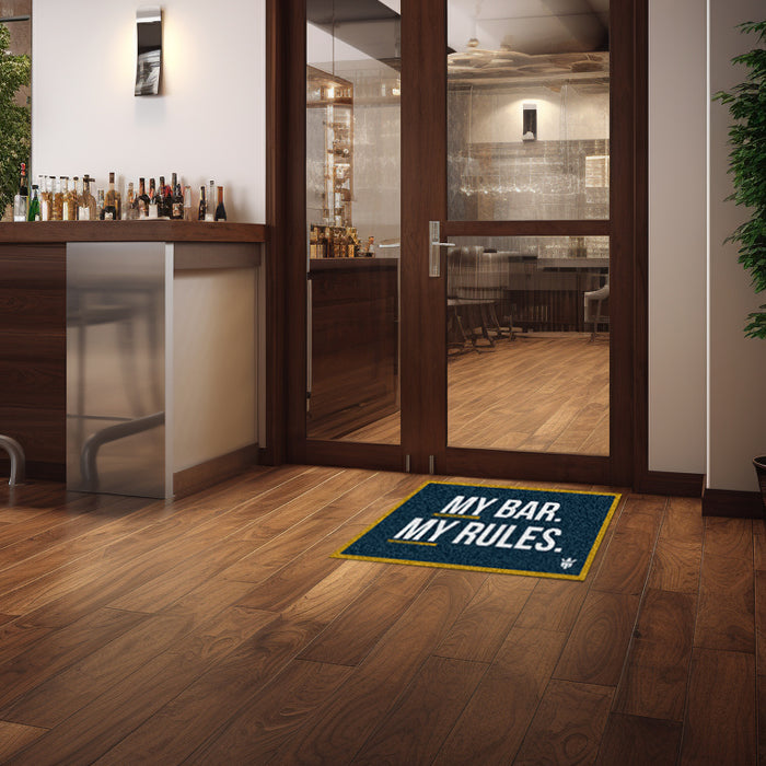 Matsmiths My Bar My Rules Washable Indoor Mat with Rubber Backing, Large Funny Door Mat for Bar Areas, Entryways, Man Caves, Non-Slip Area Rug and Mat, Washable Entryway Rug, Pet Friendly, Blue, 28” x 20”