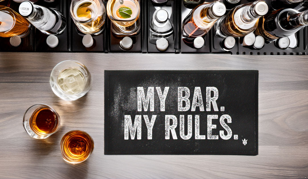 Matsmiths My Bar My Rules Washable Bar Runner with Rubber Backing, Indoor Mat for Bars, Countertops, Tables, Man Caves, Funny Non-Slip Bar Mat, Washable Bar Runner, Black, 9” x 16”  