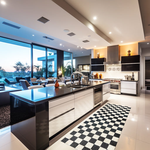 Modern kitchen with black island, white cabinets, and checkered rug.