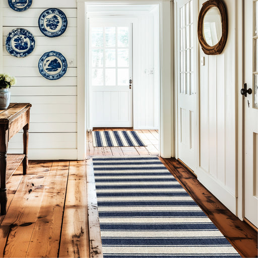 Striped blue and white rug on a wooden floor with decorative plates on the wall.
