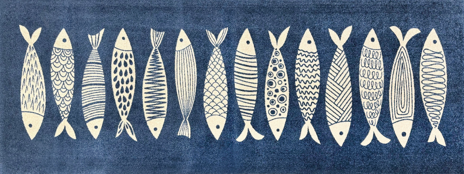 Matsmiths Fish Tango Floor Mats Washable Indoor Mat with Rubber Backing, Large Door Mat for Entryway, Workshops, Man Caves, Bars, Non-Slip Area Rug and Mat, Washable Entryway Rug, Pet Friendly, Kid Friendly, Navy, Cream, 27.5"x75"