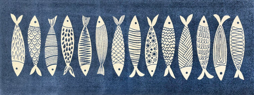 Matsmiths Fish Tango Floor Mats Washable Indoor Mat with Rubber Backing, Large Door Mat for Entryway, Workshops, Man Caves, Bars, Non-Slip Area Rug and Mat, Washable Entryway Rug, Pet Friendly, Kid Friendly, Navy, Cream, 27.5"x75"