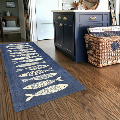 Matsmiths Fish Tango Floor Mats Washable Indoor Mat with Rubber Backing, Large Door Mat for Entryway, Workshops, Man Caves, Bars, Non-Slip Area Rug and Mat, Washable Entryway Rug, Pet Friendly, Kid Friendly, Navy, Cream