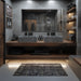 Modern bathroom with double sink vanity and patterned rug on floor