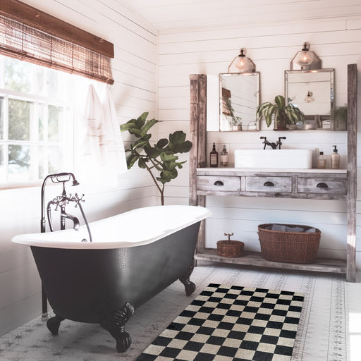 Bathroom with black freestanding bathtub, wooden vanity, and checkered rug.